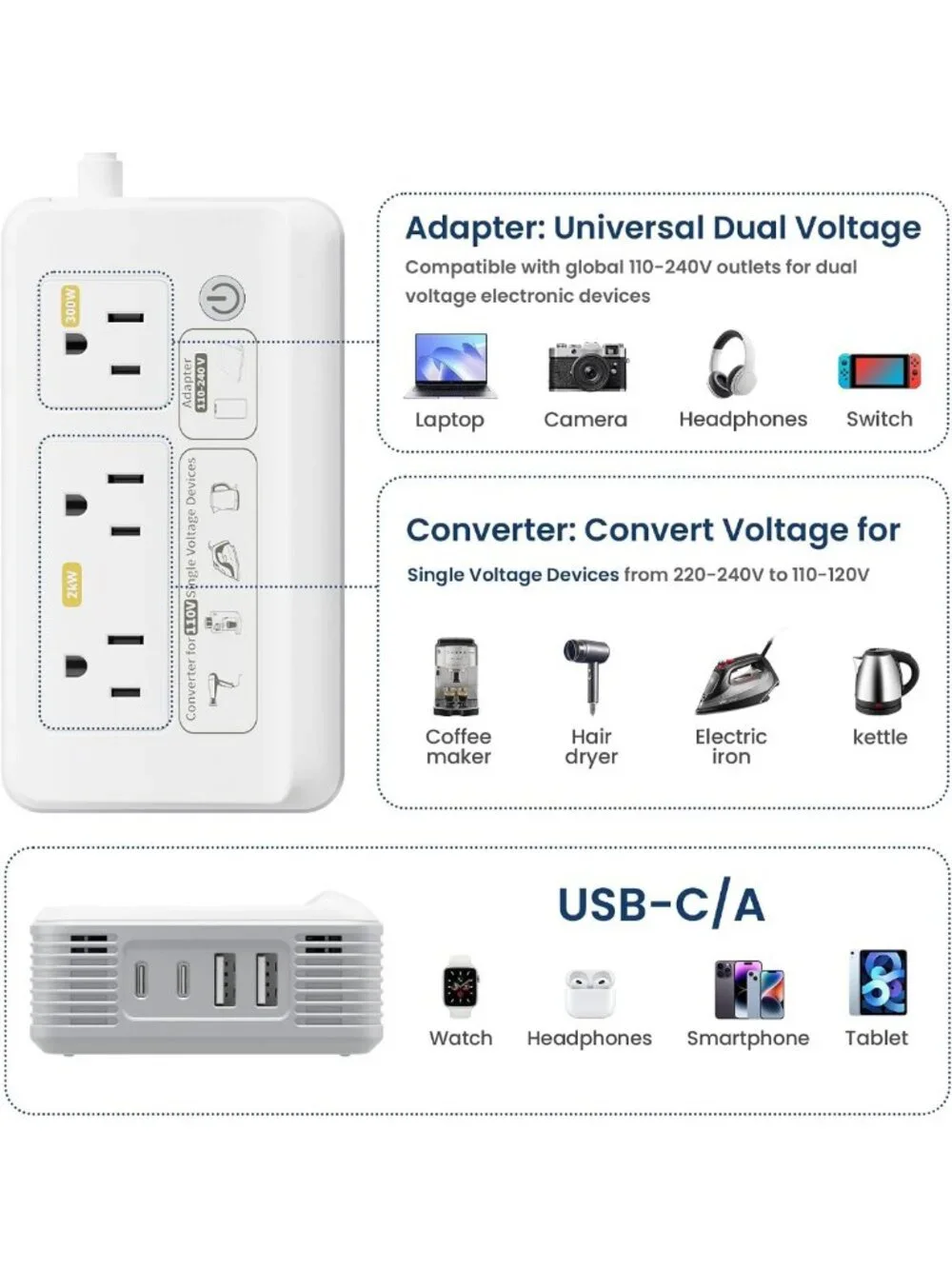 2000W Universal Voltage Converter for US to Europe - 7-in-1 Travel Adapter